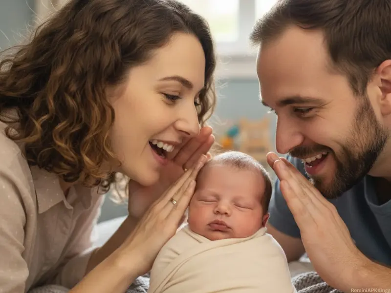 Newborn Baby Poses with Parents – Sweet Family Memories 18 Newborn Baby Poses with Parents- Parents Whispering in the Baby's Ears