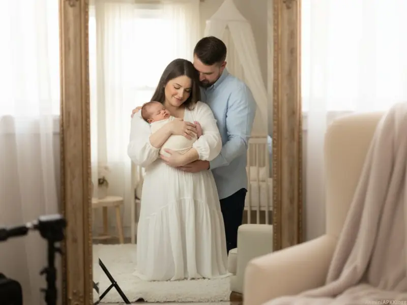 Newborn Baby Poses with Parents – Sweet Family Memories 19 Newborn Baby Poses with Parents-Parents with Baby in the Mirror